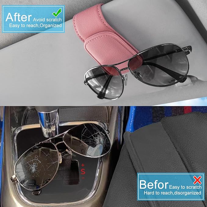 TCJJ Sunglasses Holders for Car Visor,Car Magnetic Glasses Holder Leather Sunglasses Clip and Ticket Card Clip Suitable for Car Interior Visor and Different Size Eyeglasses(Pink/2)