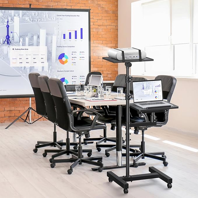 Projector Stand Tripod: 2 Shelves Mobile Laptop Cart Adjustable Height 45 to 64 Inches, Rolling Laptop Stand Cart with Ventilated Tray, Projector Tripod Stand on Wheels for Couch, Bedside, Meeting