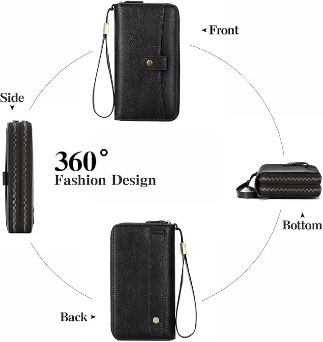 GAEKEAO Womens Wallet Large Capacity Double Zipper Ladies Card Phone Holder RFID Blocking Leather Clutch Wristlet Grip Strap