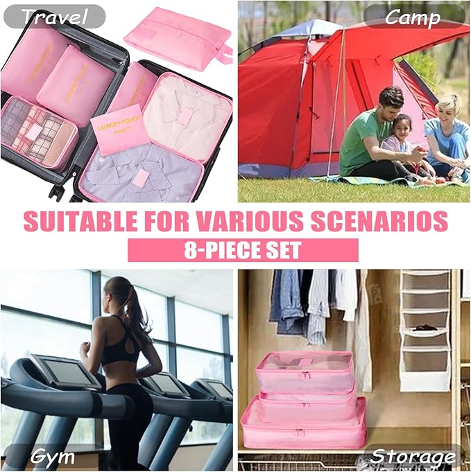 8 Set Packing Cubes for Travel Luggage Packing Bags Reusable Waterproof Suitcase Organizer Cubes Set with Shoe Bag and Toiletry Bag (Pink)