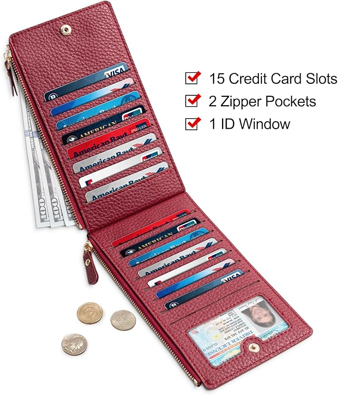 Wallet for Women RFID Blocking Leather Wallet Large Size Bifold Multi Card Holder Wallet with 2 Zipper Pocket - Red