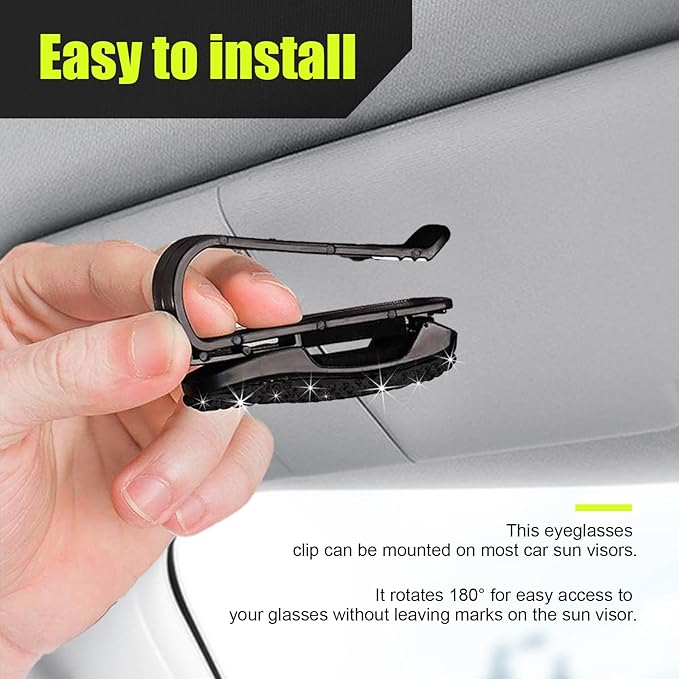 Dickno 2 PCS Bling Sunglasses Holder for Car Sun Visor, Crystal Rhinestones Eyeglasses Hanger Mount with Ticket Card Clip, Universal Vehicle Visor Decor Accessories for Women (Black)
