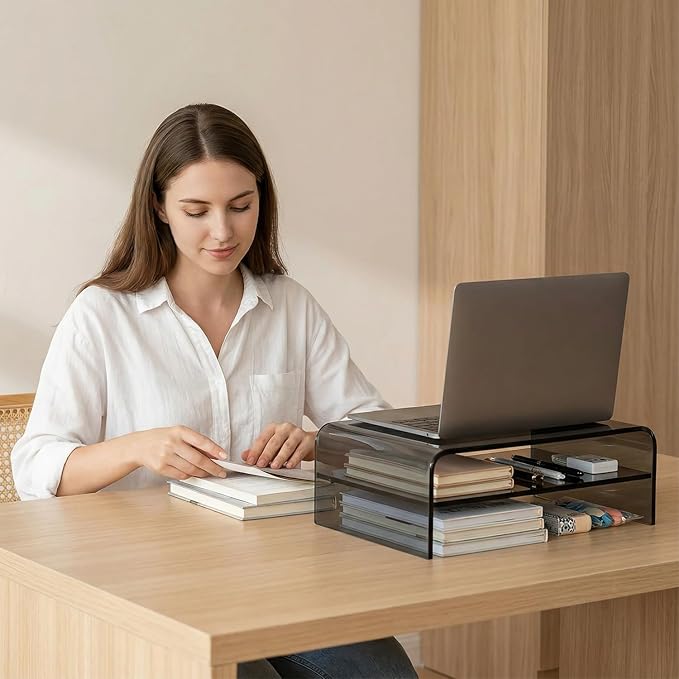 Clear Acrylic 2-Tier Monitor Stand & Desk Organizer - 16"x9.4"x5.5 H Home Office Riser with Keyboard Storage, Fits PC, Laptop, iMac, Printer, TV & Multi-Media Devices (Transparent grey)
