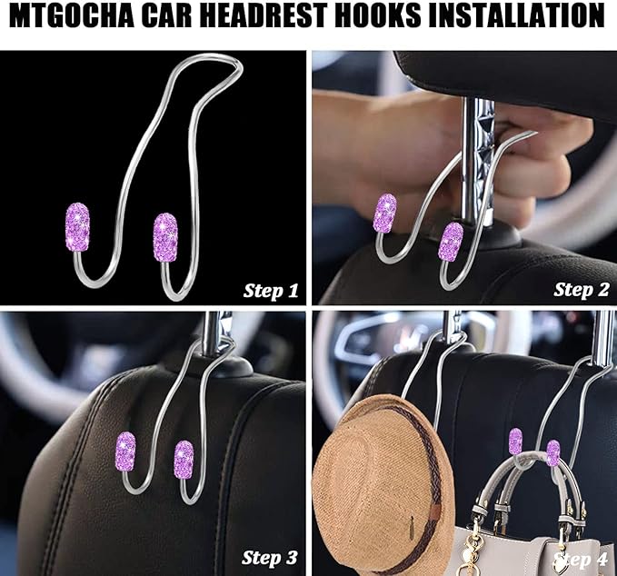 MTGOCHA Car Headrest Hooks Car Purse Hook(2 Pack),Bling Car Bag Hooks, Car Hook for Purses and Bags Cute Metal Car Purse Holder Hook, Bling Car Accessories for Women, Light Purple