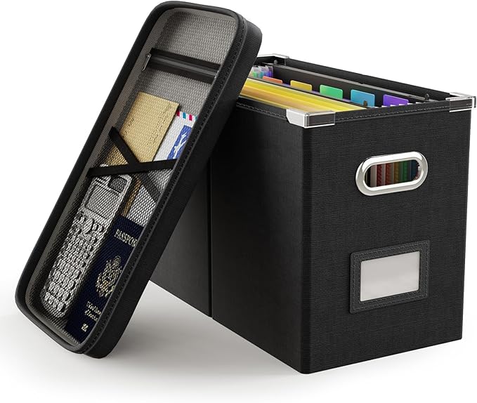 Oterri File Organizer Box with Lid, Hanging Filing File Box with Mesh Pocket, Document Organizer Box for Letter Files, Portable Storage Box with Smooth Sliding Rail for Office&Home (1 PCS, Black)