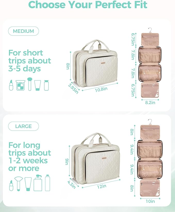 BALULHG Travel Hanging Toiletry Bag for Women,Makeup Bag Cosmetic Organizer Waterproof with Hanging Hook Multiple Pockets for Women Travel Essentials Beige
