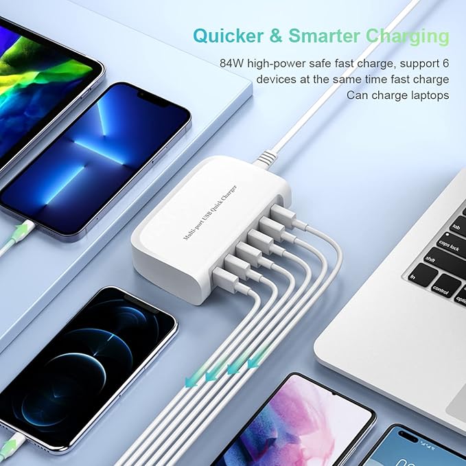USB Fast Charger, 6-Port Portable Charging Station, Suitable for Various Devices, Compatible with iPhone, iPad, Samsung, Google, Xiaomi, Huawei and Other USB Charging Devices