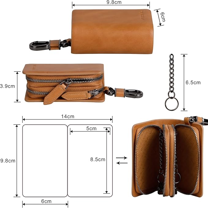 VISOUL Car Key Case Holder Double Zipper, Leather Car Smart Key Fob Case with Keychain for Men and Women