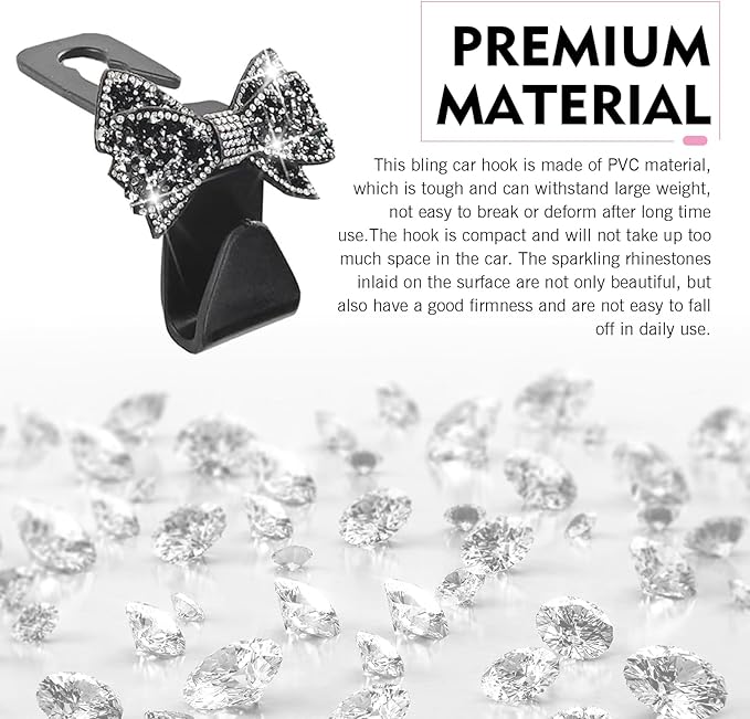 2 PCS Bling Bow Car Headrest Hook, Diamond Sparkling Invisible Seat Headrest Hooks, Vehicle Storage Organizer with Butterfly Bow Vent Clip for Purses, Bags, Groceries (Black)