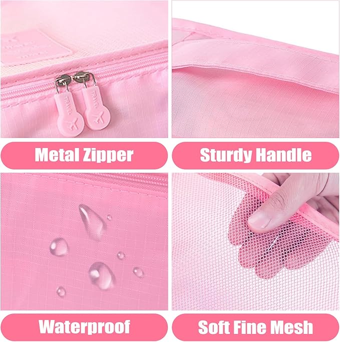 8 Set Packing Cubes for Travel Luggage Packing Bags Reusable Waterproof Suitcase Organizer Cubes Set with Shoe Bag and Toiletry Bag (Pink)