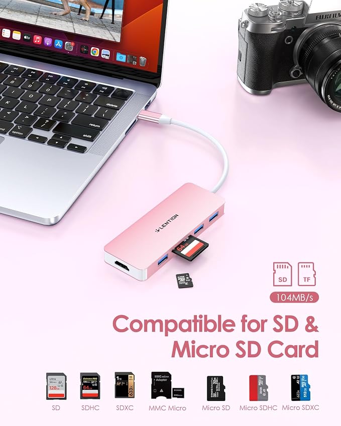 LENTION 5 in 1 USB to USB-C Adapter with Micro SD/SD Card Reader for iPhone, 4K@30Hz HDMI to USB C Hub Multiport Adapater with 3 USB 3.0 Compatible with 2025-2018 MacBook Pro MacBook Neo(Rose Gold)