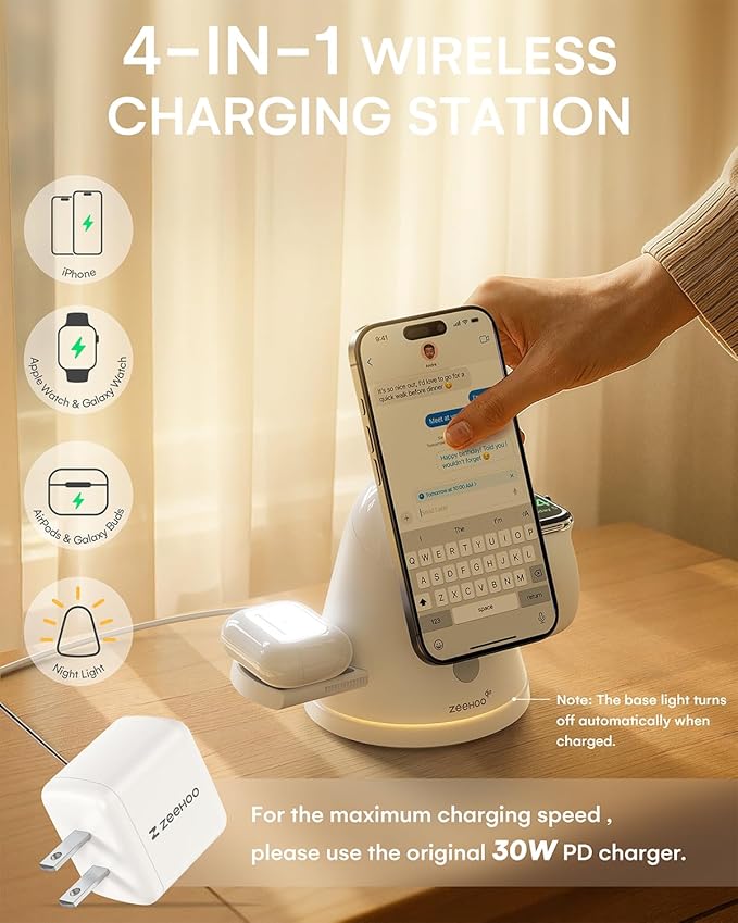 3 in 1 Charging Station for Apple, Qi2 Mag-Safe Charger Stand with Adjustable Night Light, Fast Wireless Charging Station Compatible with iPhone 17/16/15/14/13/12, AirPods and Apple Watch(30W Adapter)