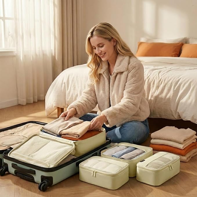 4 Piece Compression Packing Cubes for 3–7 Day Travel, Space Saving Travel Organizers with Breathable Mesh, Double-Zipper Packing Cubes for Carry-On & Suitcases (Yellow)