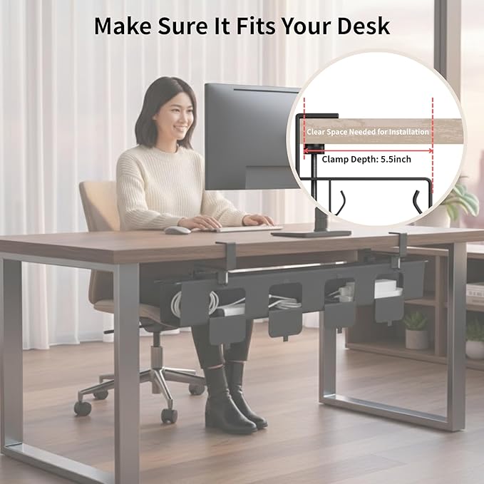 No Drill Under Desk Cable Management Tray, 47.5” Fabric Clamp Mount Cord Organizer for Table, Heavy Duty Wire Management for Office Home, Black