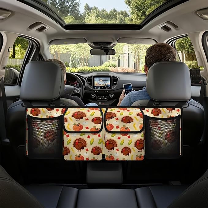 Thanksgiving Turkey Pumpkins Trunk Organizer, Collapsible Multi Pocket Car Organizer, Foldable SUV Storage Bag Car Accessories for Women Men, 3 Adjustable Straps