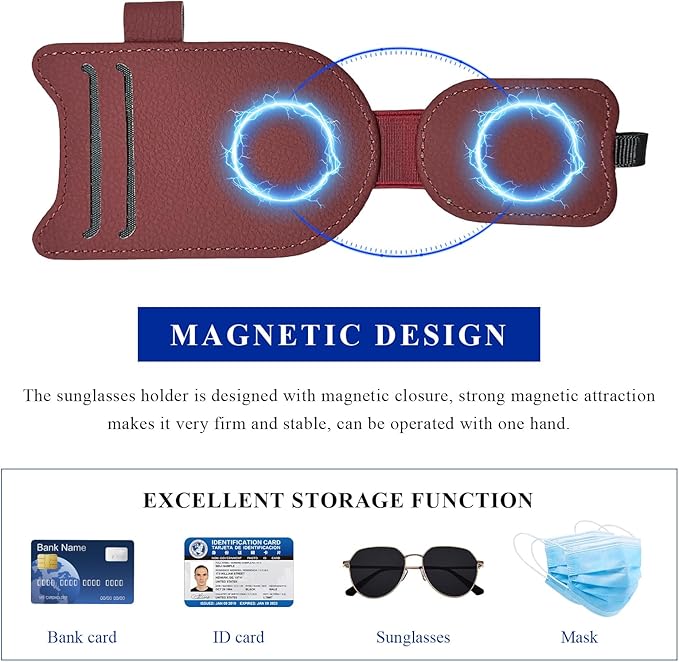 Sunglasses Holder for Car Visor, Magnetic Auto Sun Visor Organizer with Ticket & Pen Clip, Multi-Pocket Leather Eyeglass Clip Interior Accessories for Most Vehicles (Wine Red)