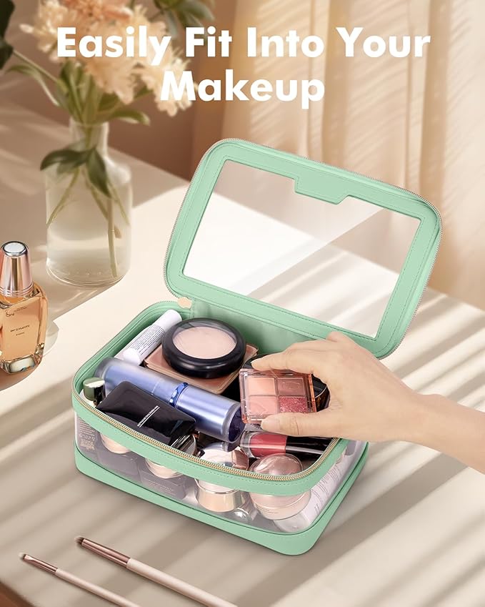 Soimeat Travel Clear Makeup Bag with Makeup Brush Bag, Leather Makeup Case Toiletry Bag, Portable Cosmetic Bag Case, Transparent Waterproof Cosmetic Organizer Storage Bag for Women, Mint Green