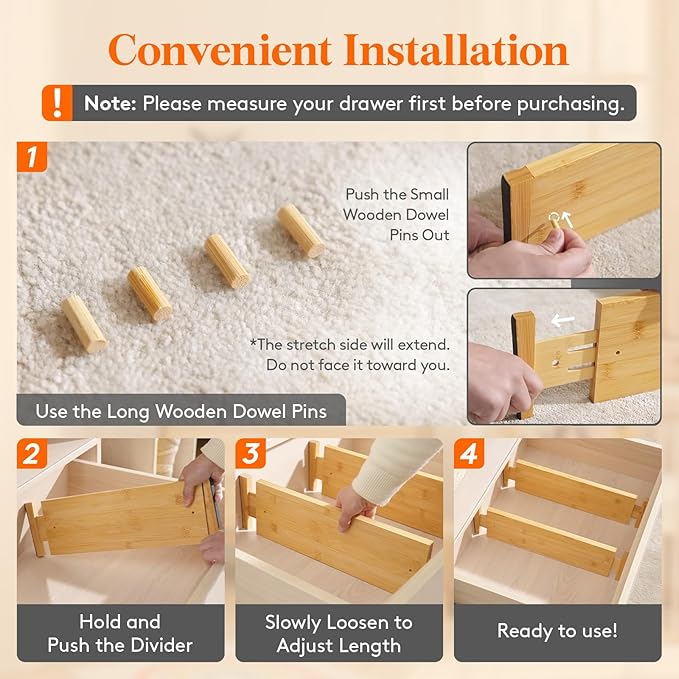 Lifewit 5" High 6 Pack Bamboo Drawer Dividers 45-55cm/17.5-22" Adjustable Wooden Drawer Organizer for Clothes/Utensils, Expandable Drawer Separator for Dresser/Kitchen/Bedroom/Office Organization