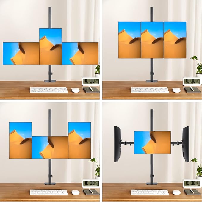 Pholiten Triple Monitor Stand,13 to 27 inch LCD Monitor Desk Mount,Extra Tall 31.5 inch Pole Heavy Duty Fully Adjustable Stand Mount