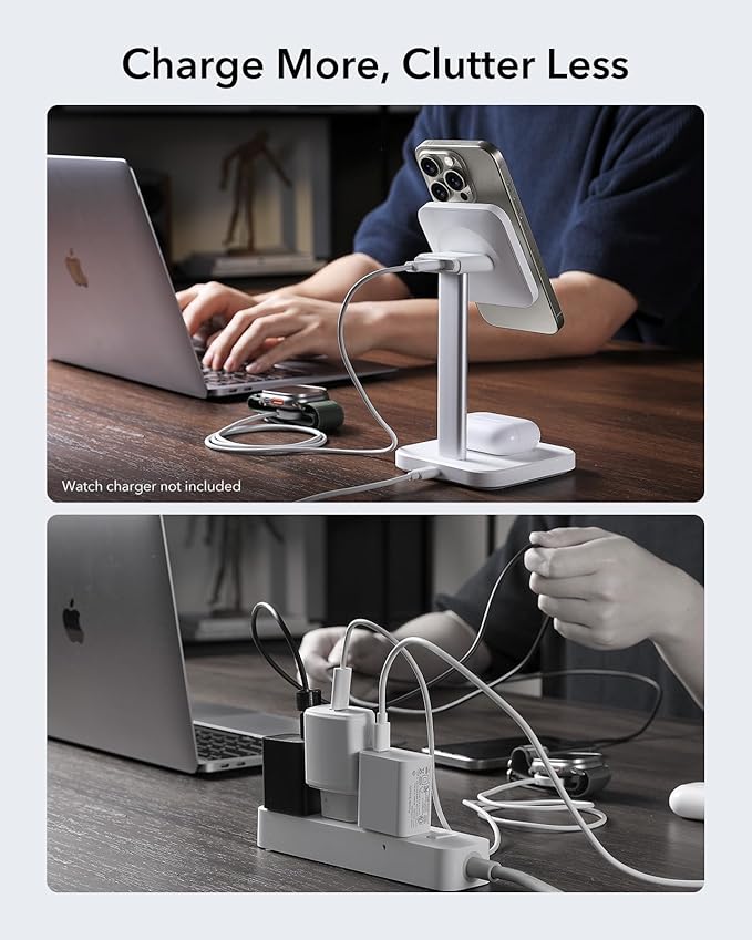 ESR 2 in 1 Charging Station for Apple, MagSafe Charger Stand for iPhone [Certified], Magsafe Charging Station for Multiple Devices iPhone 16/15/14/13/12, Apple Watch, & AirPods, White