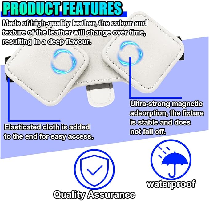 Sunglass Holder for Car Visor, Magnetic Leather Glasses Eyeglass Clip, Car Hanger Mount Ticket Card Clip, Auto Visor Organizer Accessories (White)