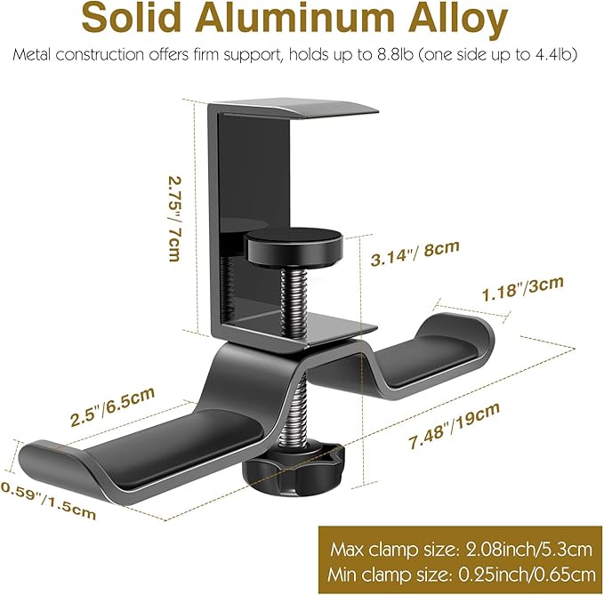 MoKo Headphone Hanger, Aluminum 360° Rotating Dual Headphone Stand Under Desk Headset Holder Earphone Mount with Adjustable Clamp for All Headphones,PC Gaming Headphone - Black
