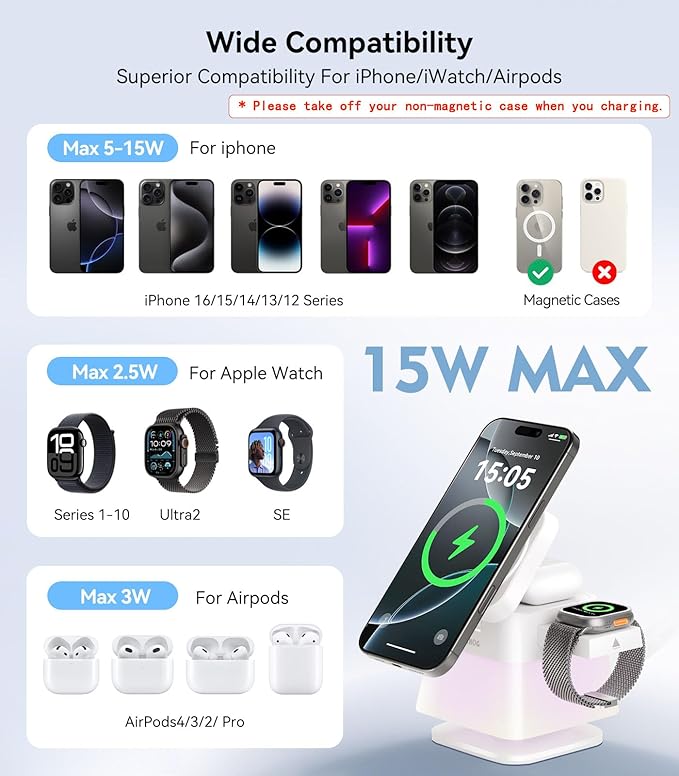 4 in 1 15W Charging Station for Apple, Magnetic Wireless Charger Stand [Colorful Night Light], Rotatable Charger Station for iPhone 17/16/15/14/13, Apple Watch, AirPods(Adapter Included)