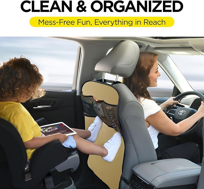 lebogner Back Seat Cover for Kids + 3 Pocket Storage Organizer, 2 Pack Kick Mats Backseat Protector, Car Accessories Waterproof Kick Guard for Vehicles to Protect from Dirt, Mud & Scratches, Beige
