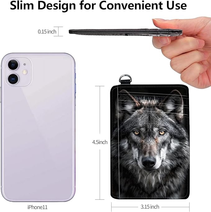 Slim RFID Blocking Card Holder Wallet with Wrist Strap - Minimalist Front Pocket Wallet, Grey Wolf 03 Design, PU Leathe, for Men & Women, Ideal for Travel & Gifts