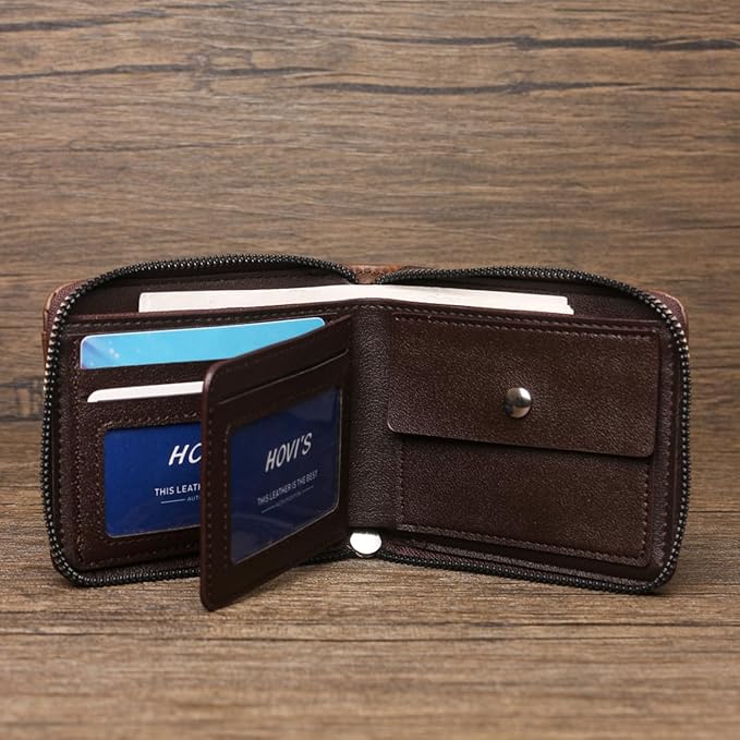 Eagles PU Leather Mens Compact Bifold Wallet, Vintage Zipper Wallet Closure with Detachable Card Case, 2 ID Windows & Snap Coin Pocket for Daily Travel Use (Brown)