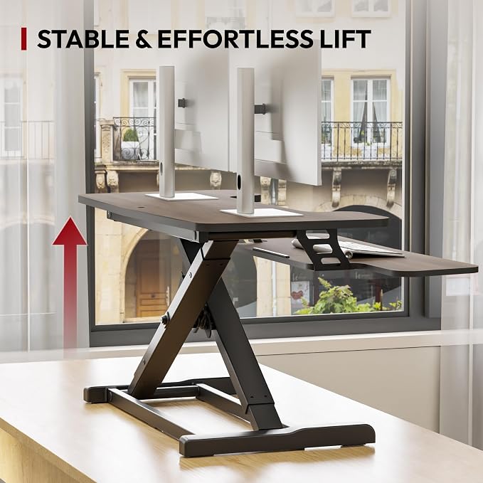 SANODESK 36" Standing Desk Converter, Smooth Mechanical Spring Effortless Lift Sit-Stand Riser for Dual Monitors, Heavy Duty Workstation with Keyboard Tray, Walnut