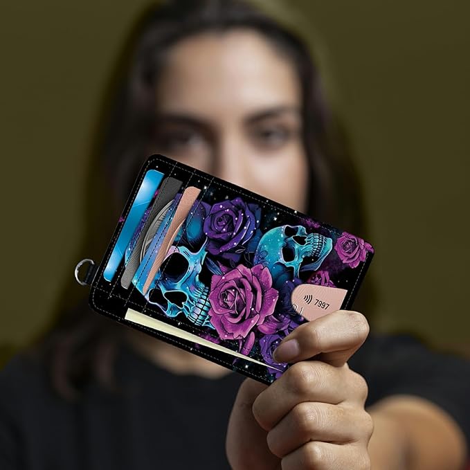 Small Travel Wallets, Neon Sugar Skull Slim Minimalist Front Pocket Wallet with Wristlet, RFID Blocking PU Leather Credit Card Holder with ID Window Change Purse for Men Women