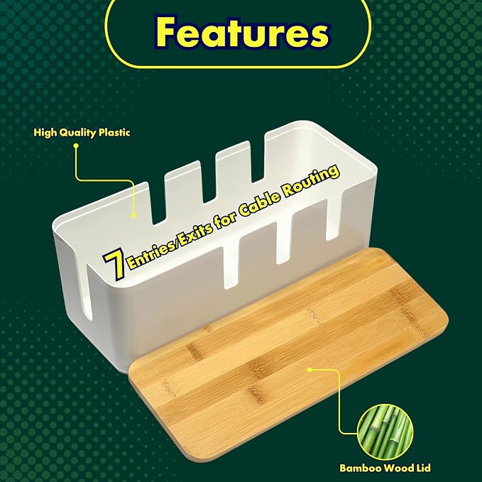 Cable Management Box, 7 Holes, 12x5x4.5 inches, Wooden Lid Cable Organizer Box for Desk to Hide Power Strips, Tv Wires, ABS Material Cord Cover