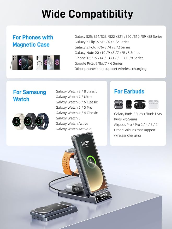 Magnetic Wireless Charger for Samsung, 3 in 1 Android Charging Station for Galaxy S26 Ultra/S25 Ultra/Z Fold/Flip, Galaxy Watch 8/8 Classic/Ultra, Buds 4, Nightstand Bedside Stand (with Adapter)