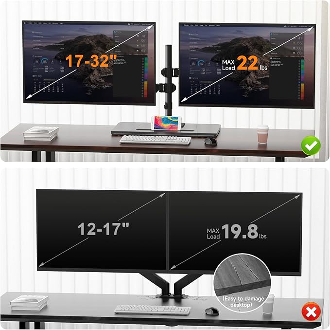 Pholiten Dual Monitor Stand with Wooden Base, Gas Spring Height Adjustable Arms, Each Holds 32 Inch Screen up to 22lbs, VESA Mount 75x75/100x100mm, Tilt/Swivel/Rotate - Ergonomic Desk Mount