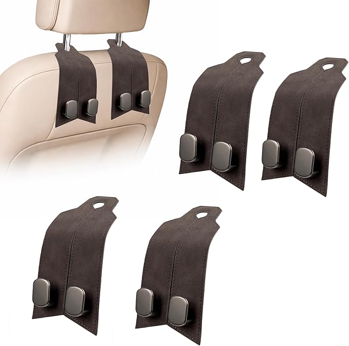 Premium Leather Car Headrest Hooks for Purses, 4 Pack Heavy Duty Car Seat Hooks, 360° Rotatable Back Seat Hanger Organizer, Metal Car Hooks for Bags, Groceries, Handbags (4, Brown)