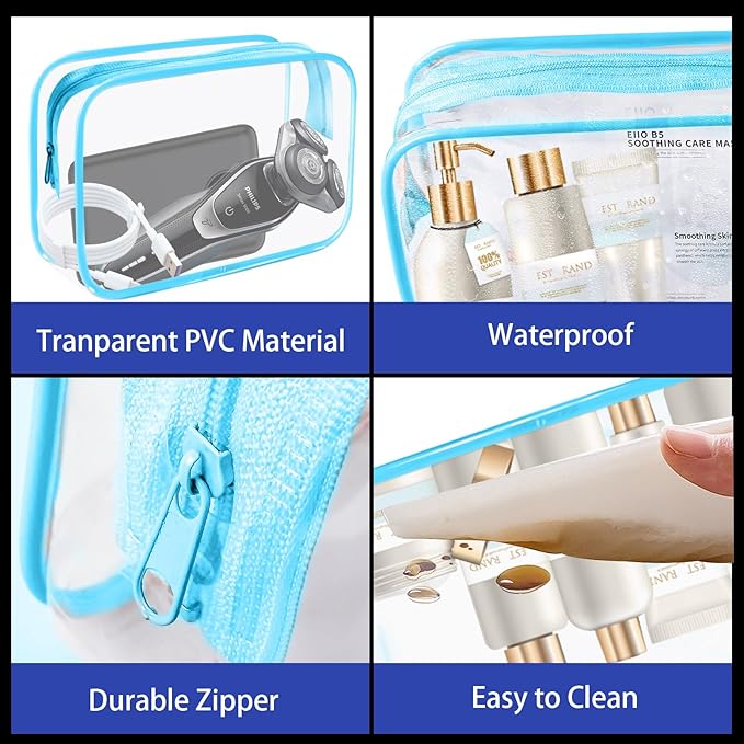 YedsIntu 16 Pieces Clear Cosmetic Bags, PVC Clear Pouch with Zipper TSA Approved Toiletry Bag for Travelling, Waterproof Transparent Travel Makeup Cosmetic Organizer Case for Men and Women (Blue-M)