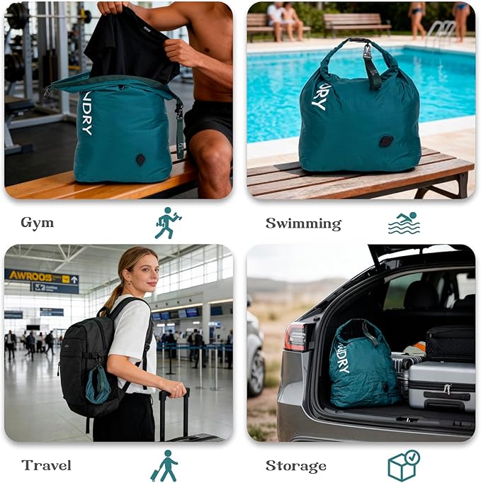 Travel Laundry Bag, Vacuum Compression Dirty Clothes Travel Bag, Waterproof Wet/Dry Space-Saving Laundry Storage Organizer, Smell Proof Storage Bag for Clothing, Swimming, Yoga, Gym, Camping
