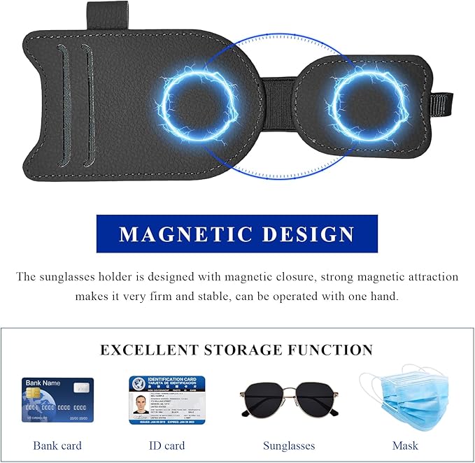 Sunglasses Holder for Car Visor, Magnetic Auto Sun Visor Organizer with Ticket & Pen Clip, Multi-Pocket Leather Eyeglass Clip Interior Accessories for Most Vehicles (Black)