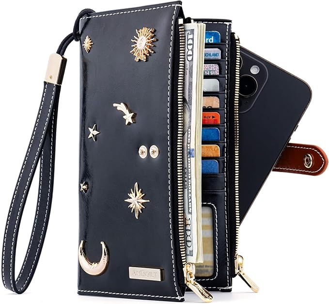 ANDOILT Women's Genuine Leather Wallet RFID Blocking Credit Card Holder Zipper Purse Cell Phone Handbag