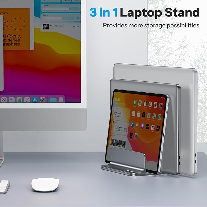 OMOTON Vertical Laptop Stand [Updated 3-Solts Version], Desktop Aluminum Mac Book Stand with Adjustable Dock Size, Fits All Mac Book, Surface, Chrome Book and Gaming Laptops (Up to 17.3 inch), Grey