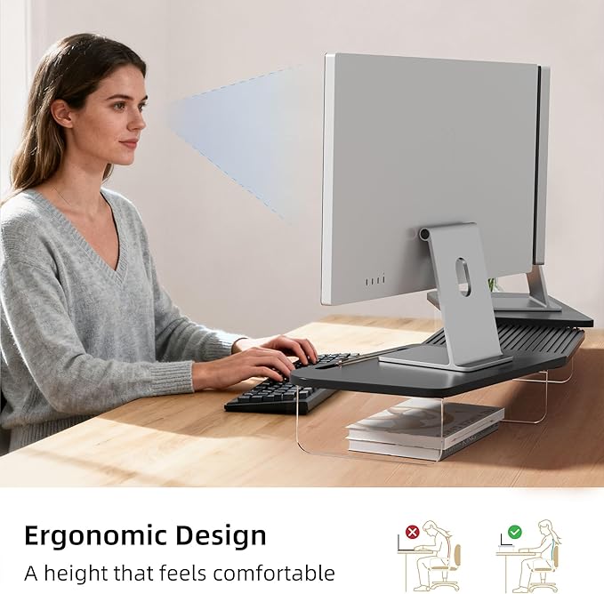 AFOOYO LED Dual Monitor Stand Riser for 2 Monitors,Office Desktop Wooden Stand Adjustable Length and Angle 3 Shelf,Extra Long Multifunctional Stand up to 39.3" for Computer,Laptop,TV,Black