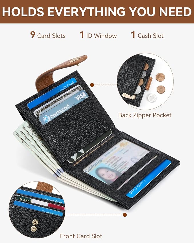 BOSTANTEN Slim Wallet for Women Small RFID Blocking Credit Card Holder Leather Bifold Wallets with Zipper Coin Pocket Black Brown