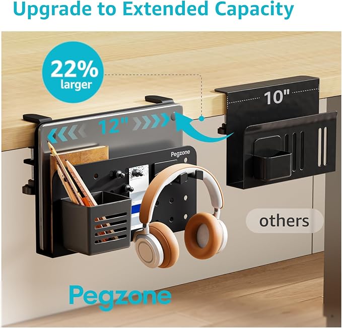 Desk Side Storage Organizer, No Drill Under Desk Laptop Holder, Clamp on Desks Shelf with Pegboard Accessories, Hanging Laptop Mount, Fits Flat Edge 0.4" to 2.2", Black