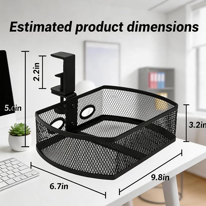 Clamp On Desk Organizer, Hanging Desk Shelf with Clamp, Metal Mesh Desk Drawer Attachment for Office Supplies, Phone, Pens, Glasses, No Drill Under Desk Storage