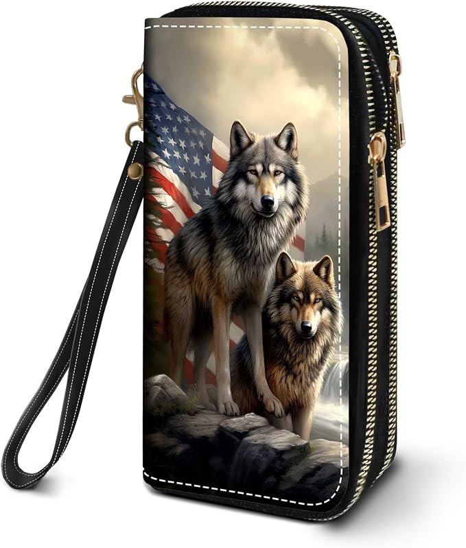 Women's Large Capacity Wallet PU Leather Double Zipper Clutch Purse Multifunctional Wallet with Removable Wristlet Strap for Smart Phone/Coin/Card/Cash - American Flag Wolf