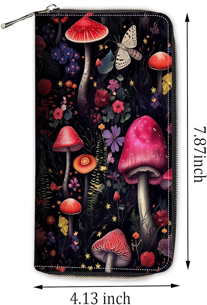 Womens Wallet,RFID Blocking Large Capacity Clutch,Zip Around Leather Purse with 8 Card Slots,Bill Compartments Coin Pocket - Flower Mushroom