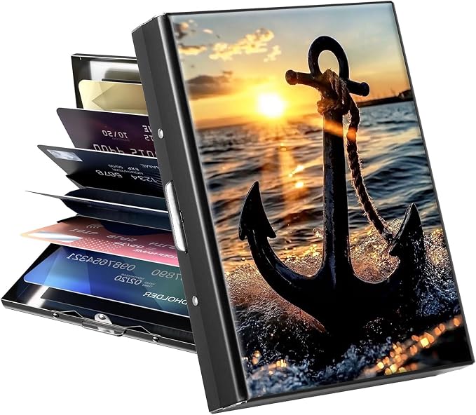 Metal Wallet, Credit Card Holder for Women Men Girls, RFID Blocking Aluminum Wallet Slim Hard Case, Mini Travel Wallet, ID Card Holder Business Card Case,Anchor