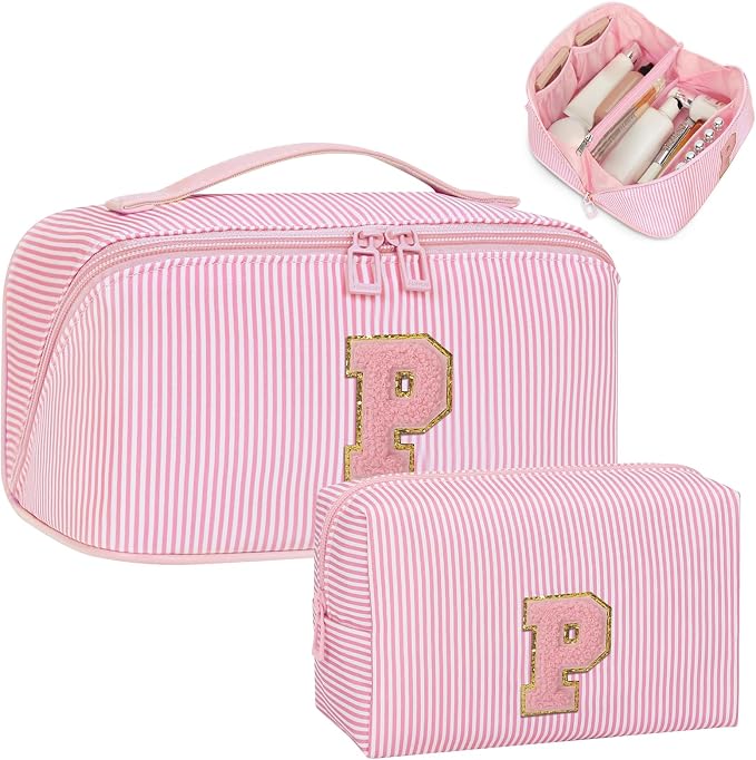 Initial Makeup Bag, Portable Water-resistant Monogram Cosmetic Bag Set, Travel Toiletry Bag with Brush Holder, Personalized Gifts for Friend Teacher Mom Wife, Pink P