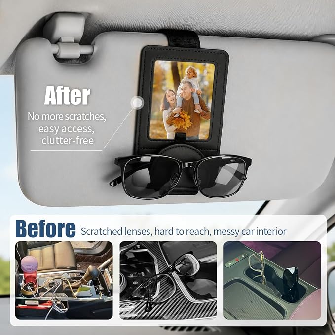 Car Visor Sunglasses Holder with Photo Frame, Magnetic Leather Clip